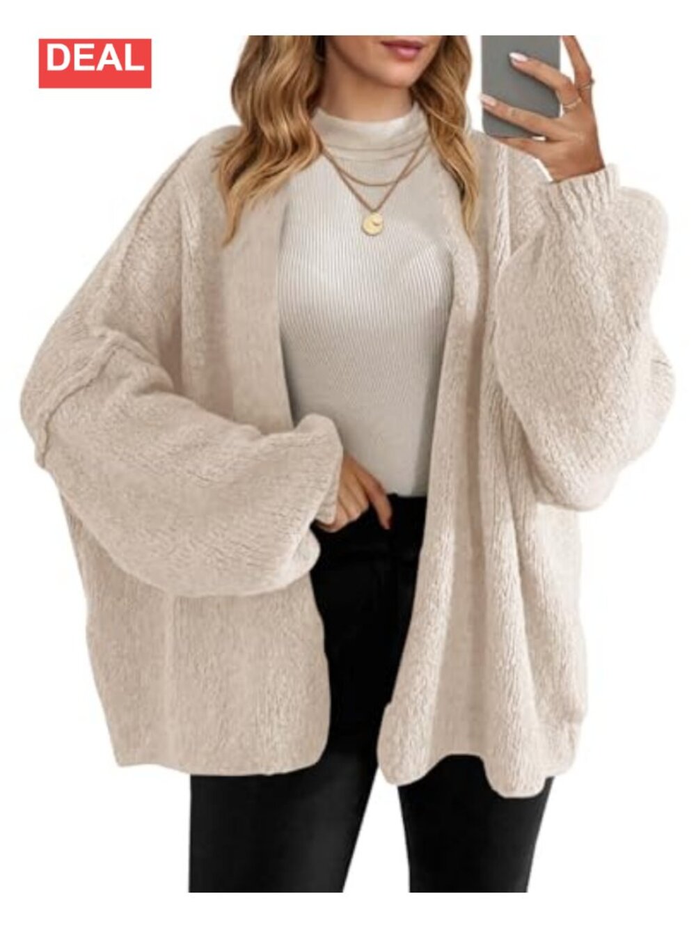 Women's Oversized Open Front Chunky Knit Cardigan Lantern Sleeve